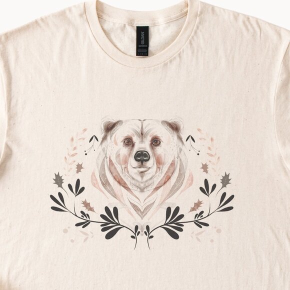 bear floral graphic nature shirt unique animal art tee neutral cream color - Picture 2 of 6